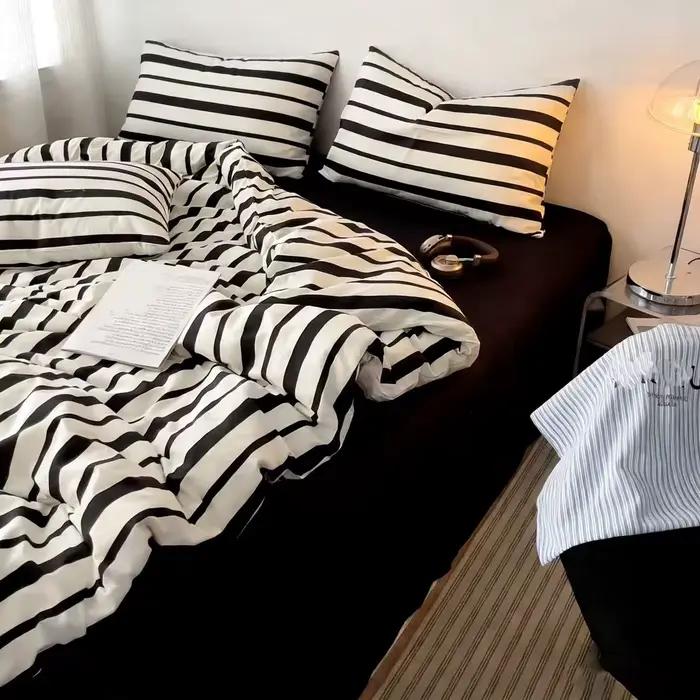 Ensemble de housse de couette à rayures noires et blanches, 3 pièces (1 housse de couette + 2 taies d'oreiller, sans garniture), ensemble de literie à rayures noires et blanches