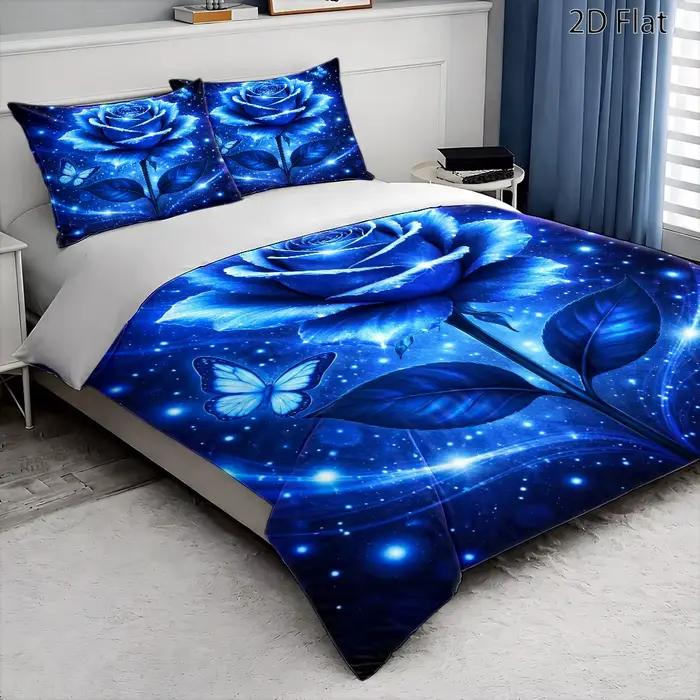 Ensemble de housse de couette 3 pièces motif rose bleue rêveuse et ciel étoilé, 1 housse de couette + 2 taies d'oreiller, ensemble de literie 3 pièces, adapté à toutes les saisons, lavable en machine,