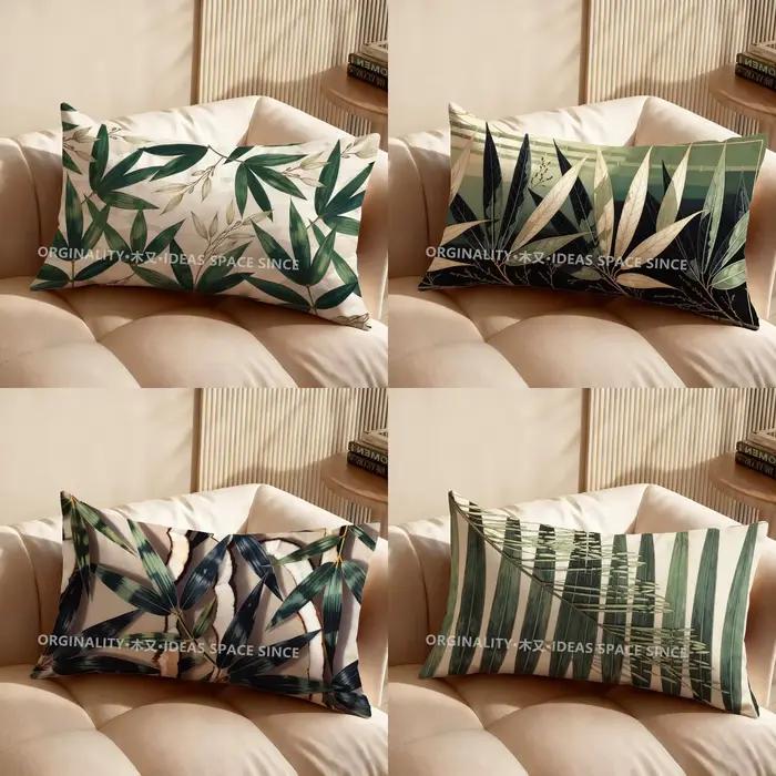 Coussin rectangulaire à motif de feuilles vertes