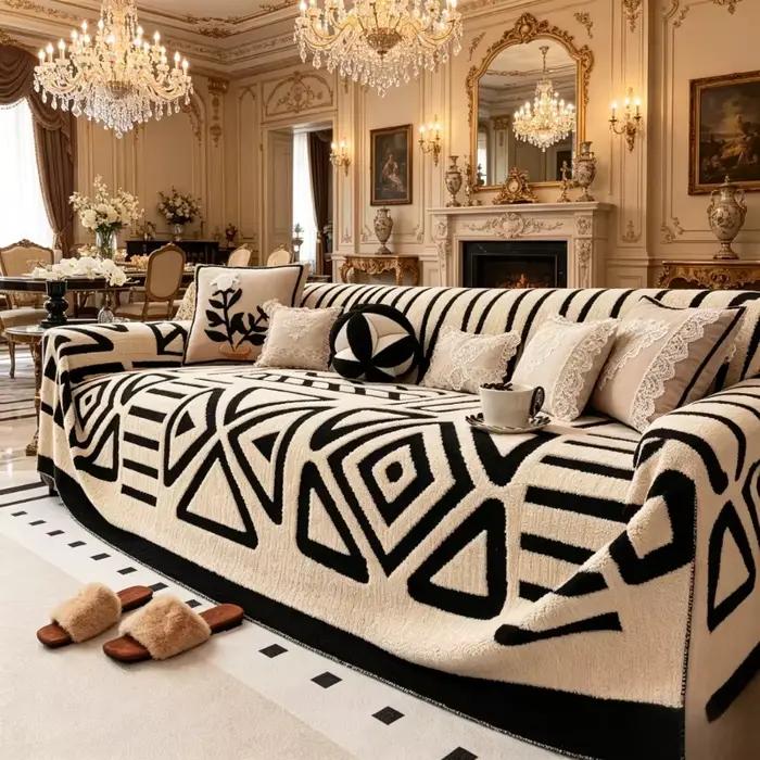 Housse de canapé en flanelle noir et blanc style bohème 180×230cm
