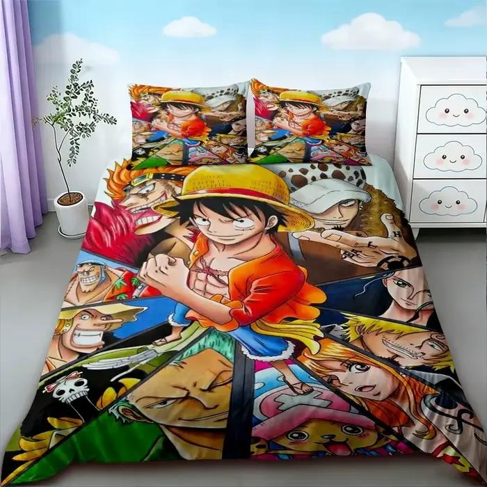 Housse de couette Luffy de dessin animé One Piece, ensemble de literie 2/3 pièces, décoration de chambre pour enfants, garçons et filles, simple/double/grand lit