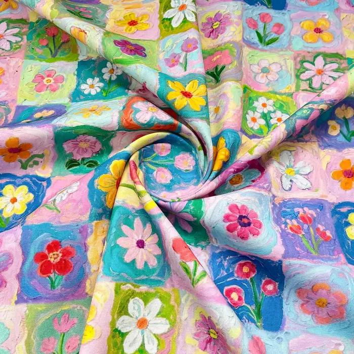 Tissu imprimé numérique en popeline de coton à carreaux colorés