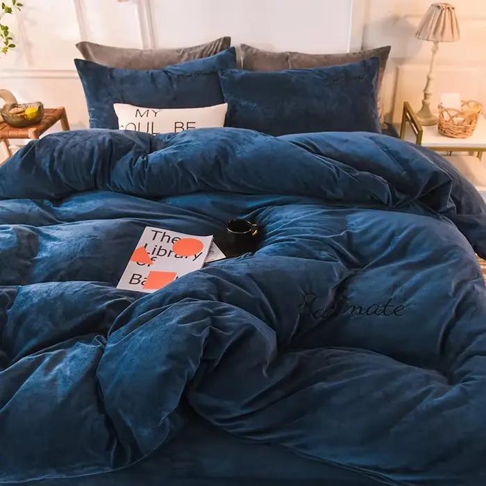 WASART hiver chaud lait polaire housse de couette 4PC ensemble de literie Super King taille 220x240 solide broderie Couple luxe maison Textiles
