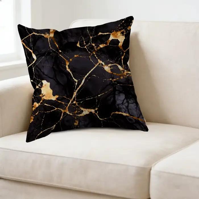 Coussin carré décoratif à motif marbré noir et or pour salon