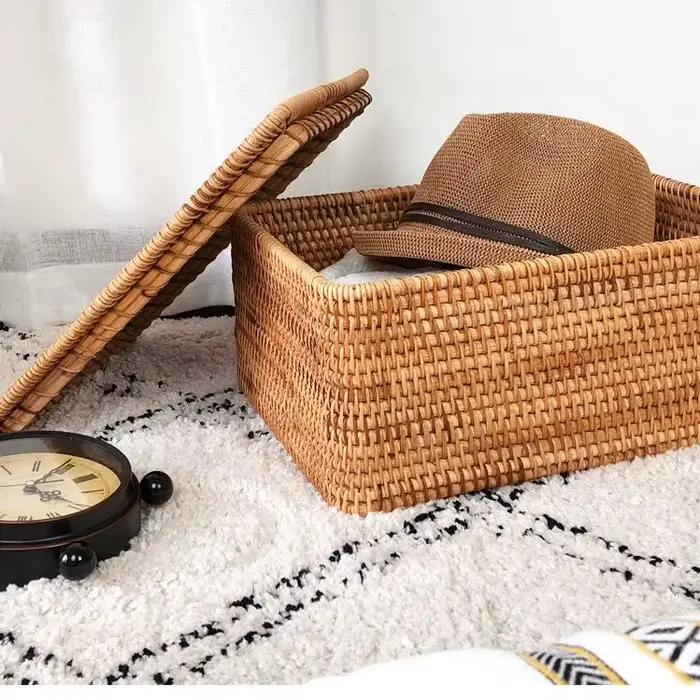 Mir à linge en rotin tissé à la main avec couvercle, grands vêtements, nettoyage à sec, rangement pour documents primaires, fournitures pour la maison