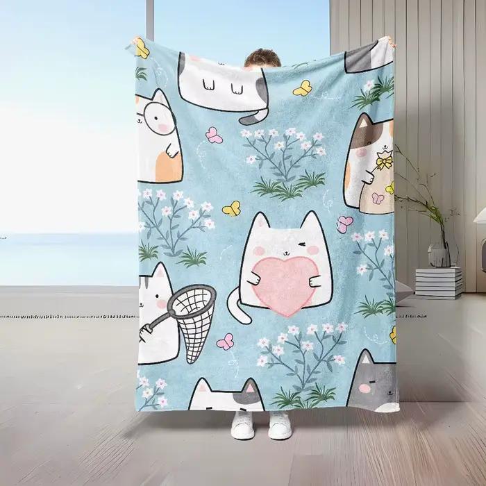 Couverture en glouton imprimée chat mignon pour enfants et étudiants, couvertures de famille d'amour, canapé à la maison, couvertures de pause déjeuner, cadeaux de sieste