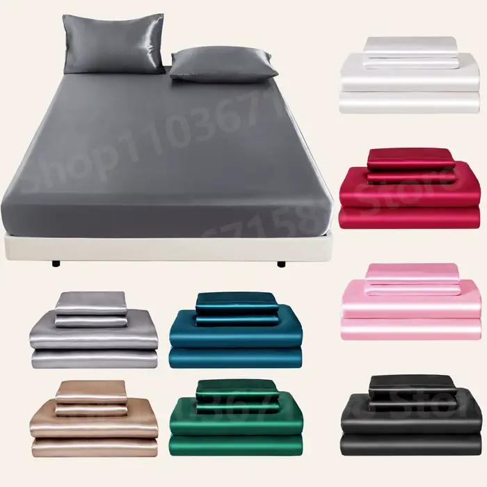 Ensemble de draps-housses de couleur unie, 3 pièces, 1 drap de lit avec 2 housses d'oreiller, tissu satiné, doux, confortable et respirant, pour chambre à coucher