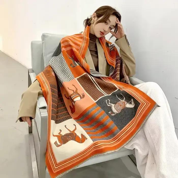 Jeter couverture de luxe hiver cachemire écharpe femmes conception couverture chaude cheval foulards femme châle enveloppes Poncho Feminino Inverno