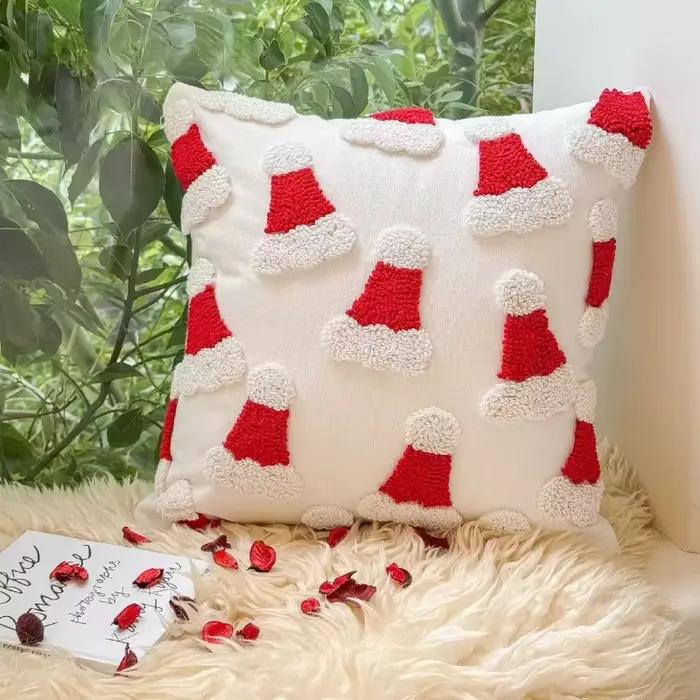 Taie d'oreiller de noël, chapeau de noël, motif de canne, fermeture éclair cachée, taie d'oreiller en peluche 3D, décoration du nouvel an et de noël