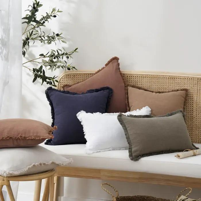 Housse de coussin lombaire décorative en lin effet rouillé 30x50CM, style Boho Farmhouse, avec franges et pompons, douce et confortable