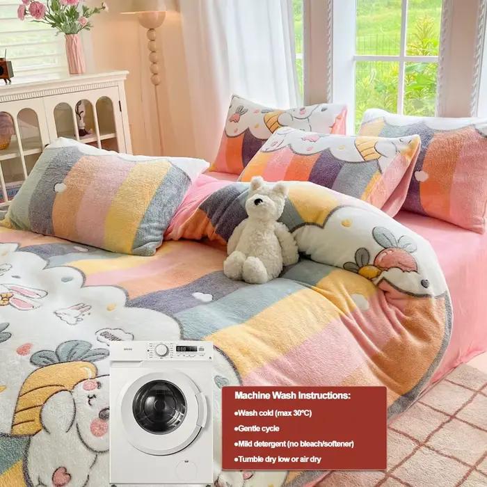 Housse de couette en flanelle imprimée lapin de dessin animé mignon 1 pièce – literie en peluche ultra douce et chaude