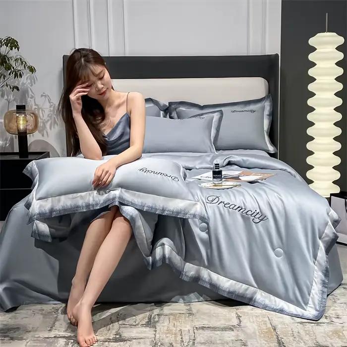 Couette d'été en soie glacée lavée, soyeuse et respirante, pour climatisation, broderie de luxe léger, douce, simple ou double