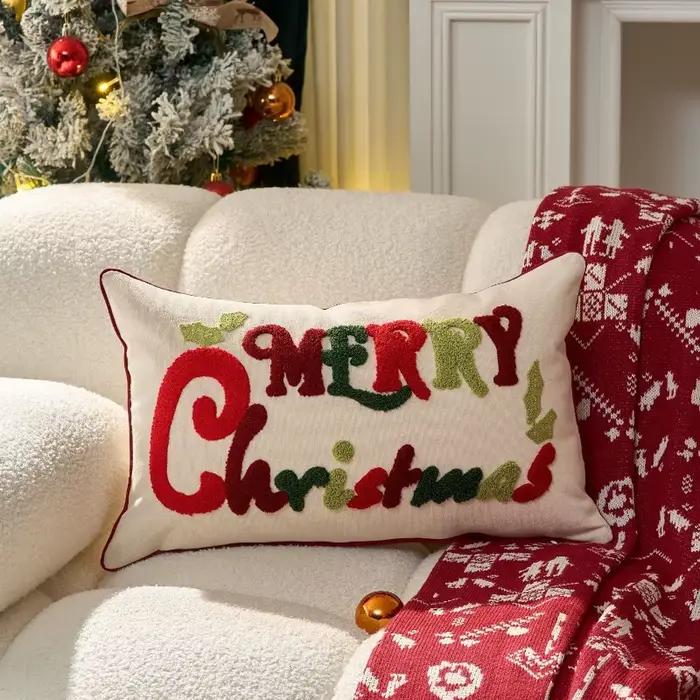 Housse de coussin de noël 30x50/45x45cm, taie d'oreiller brodée avec estampage de taille, flocon de neige rouge, décoration de maison