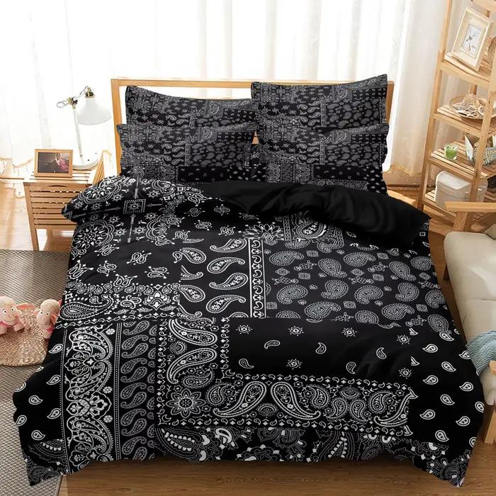 Ensemble de housse de couette imprimée bohème noire 3 pièces - Motif Paisley Mandala