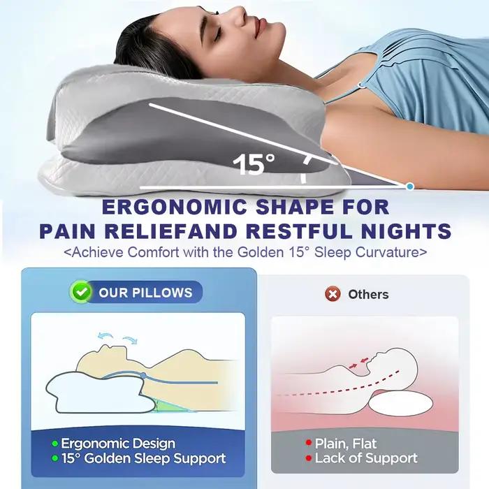 Oreiller ergonomique cervical en mousse à mémoire de forme pour soulager les douleurs cervicales, livré avec une taie d'oreiller en soie glacée, réglable pour les dormeurs sur le dos et sur le côté