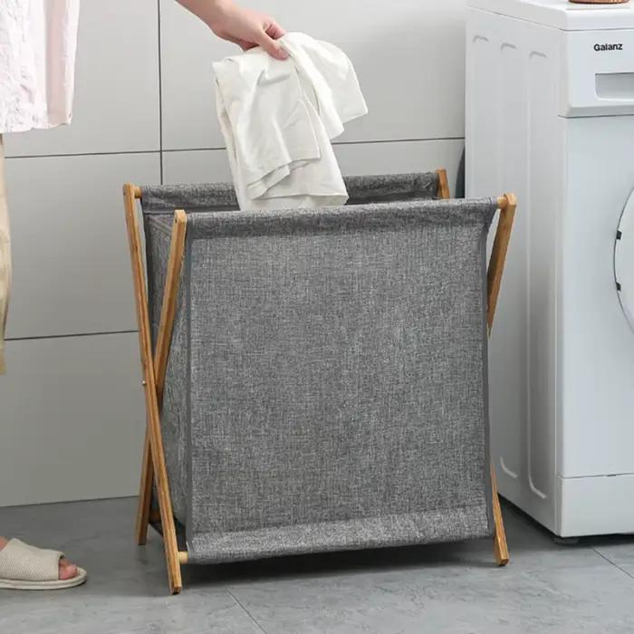 Panier à linge pliable avec cadre en bois, panier de rangement pour vêtements sales, trieur de linge pour buanderie et salle de bain