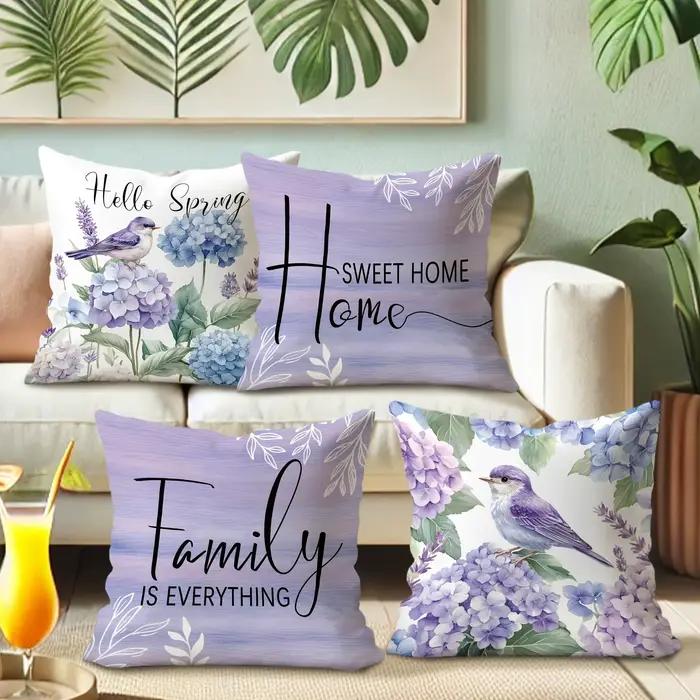 Housse de coussin en forme d'oiseau et de fleur violette