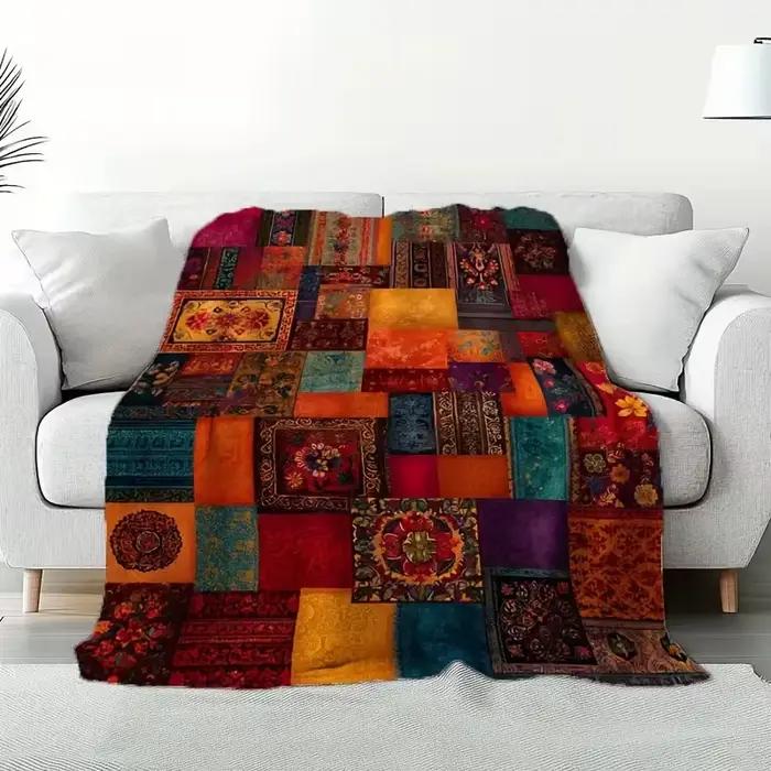 Couverture en flanelle géométrique et florale patchwork bohème