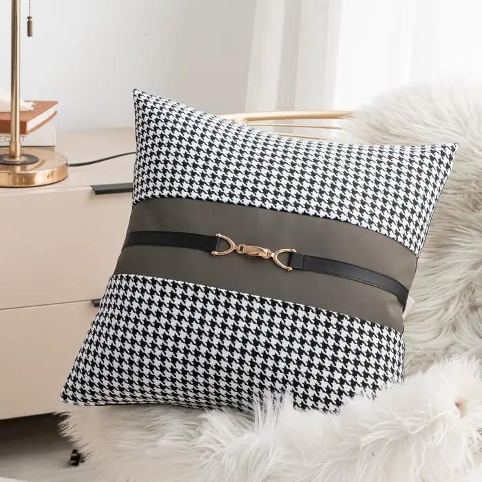 Taie d'oreiller en cuir PU pied-de-poule gris