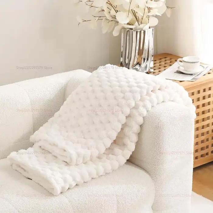 Plaid blanc crème moelleux en jacquard 3D, couverture décorative en flanelle polaire super douce et confortable pour canapé, fauteuil