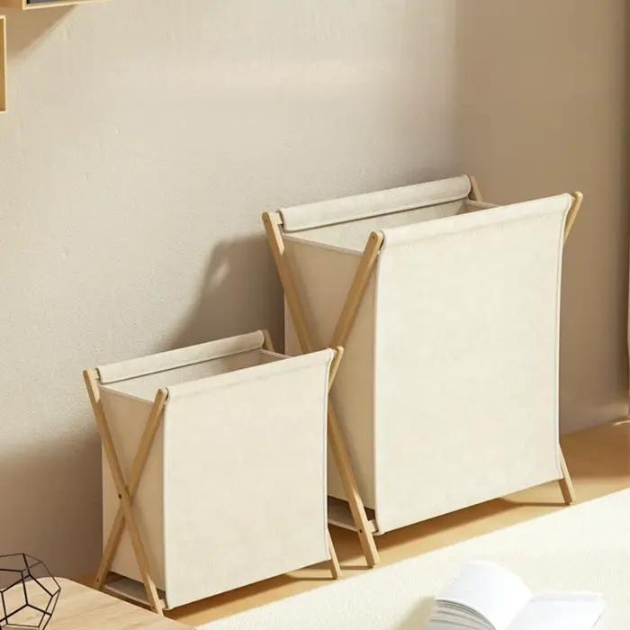 Panier à linge pliable avec cadre en bois, panier de rangement pour vêtements sales, trieur de linge pour buanderie et salle de bain