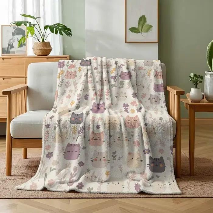 Couverture en polaire douce à imprimé floral chat kawaii pastel, 1 pièce, pour la décoration de la chambre à coucher, du salon ou du dortoir