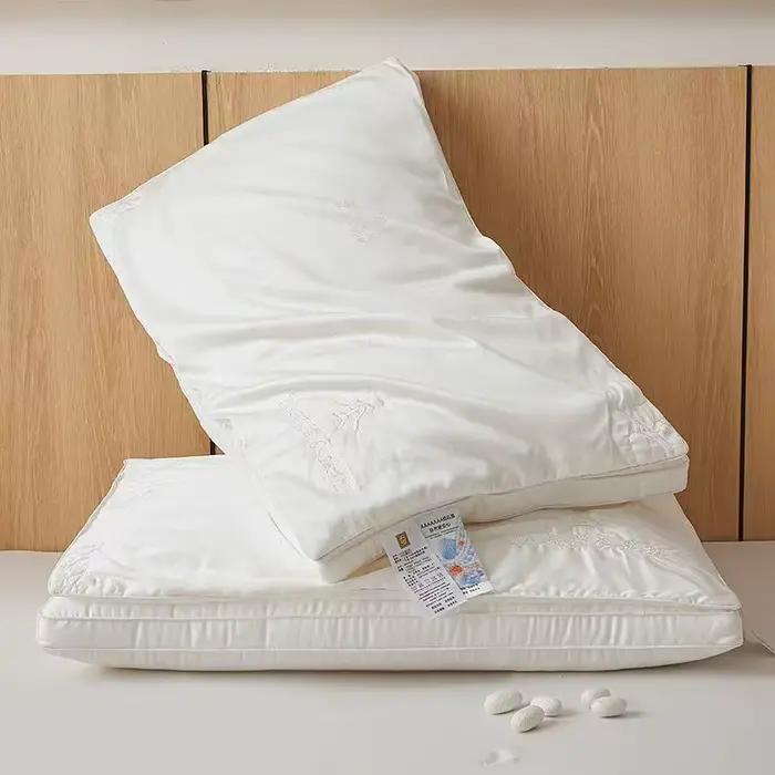 Oreiller en soie 100% Fiber Lyocell 7A, broderie antibactérienne, oreiller de cou doux et soyeux pour hôtel, oreiller de literie blanc et gris