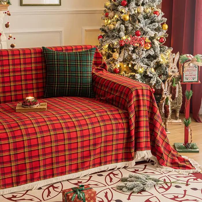 Housse de serviette de canapé à carreaux de noël