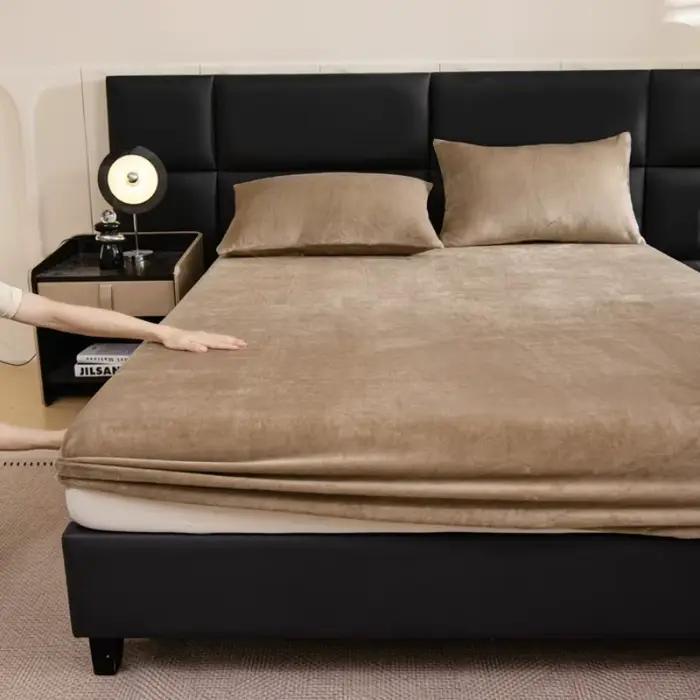 Drap-housse en velours épais, couleur unie, doux, chaud, antidérapant, housse de matelas, protection réglable, drap de lit doux avec élastique, 1 pièce