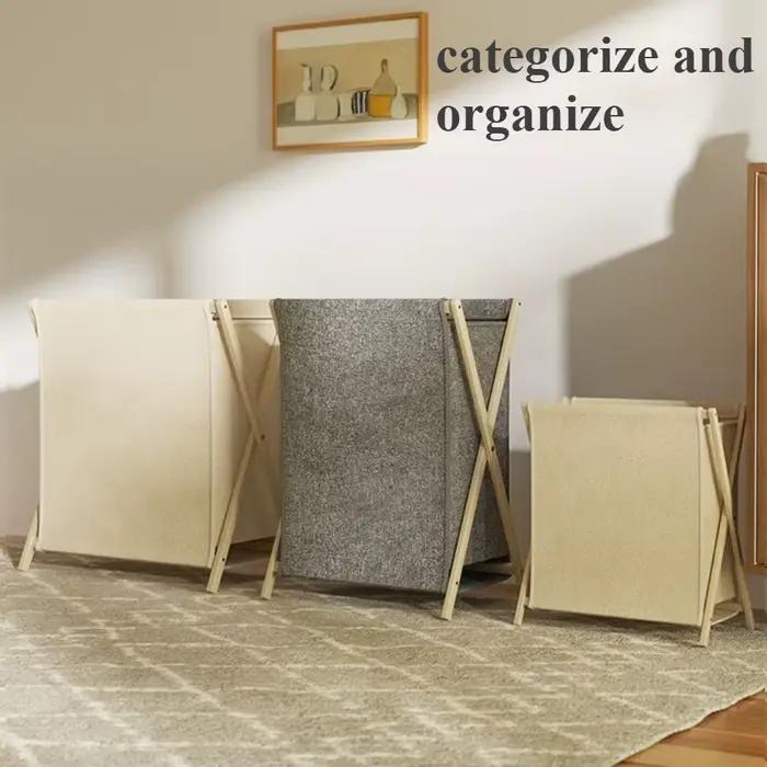 Panier à linge pliable avec cadre en bois, panier de rangement pour vêtements sales, trieur de linge pour buanderie et salle de bain