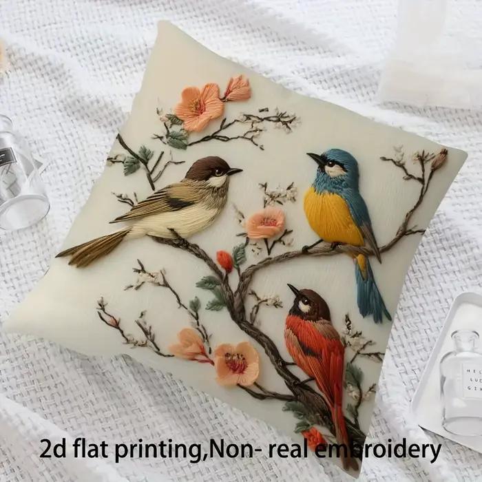 Housse de coussin vintage à motif floral et oiseaux