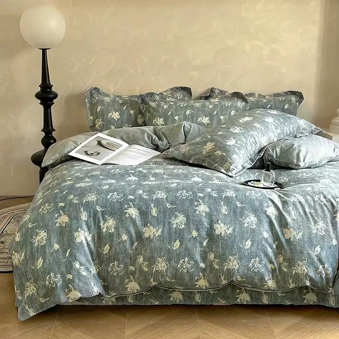 Parure de lit en coton et lin épaissis 200x230 cm, draps vintage froissés pour l'automne, doux, taille double/queen, textile de maison