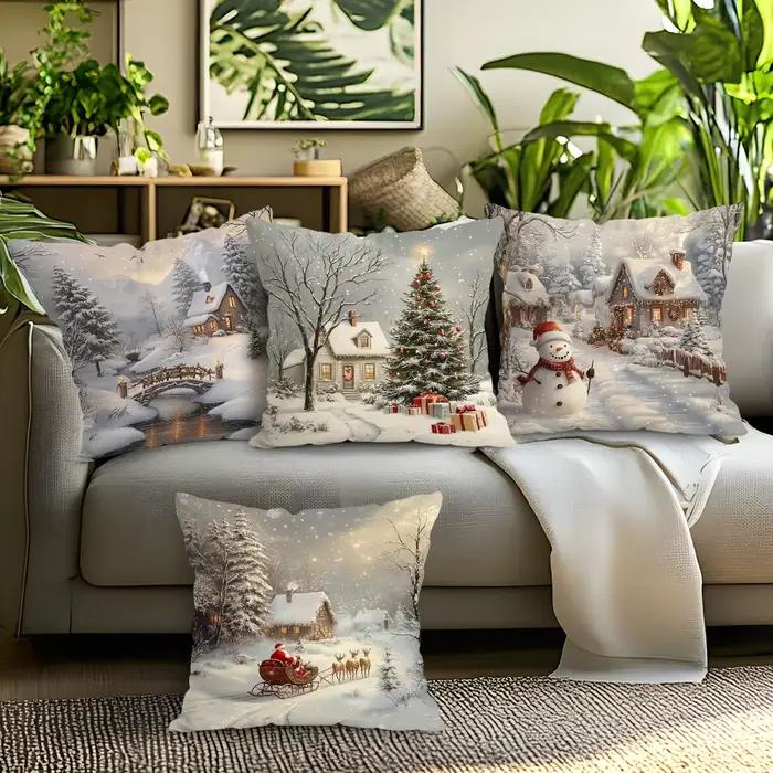 Taie d'oreiller décorative de Village d'hiver de noël 18x18 pouces, taies d'oreiller pour maison, voiture, canapé, 1 pièce/4 pièces