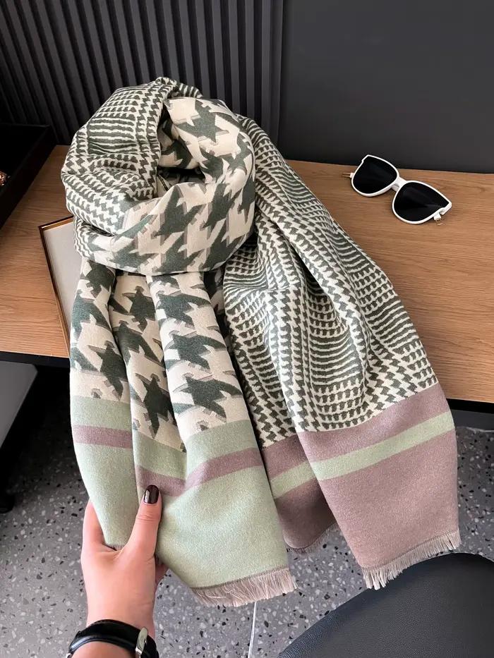 Sacarf en cachemire de luxe pour femmes, couverture d'hiver épaisse pied-de-poule avec pompon, grand châle et enveloppe Bufanda, mantille chaude
