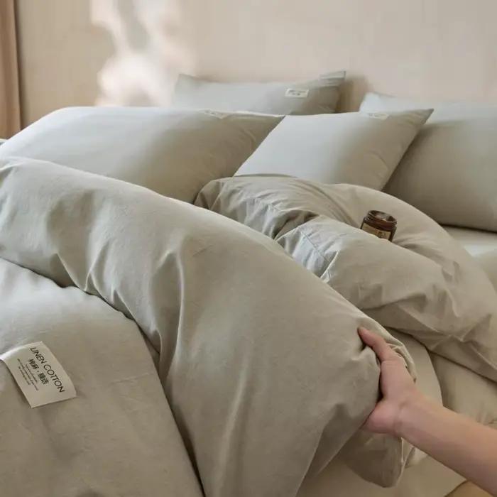 Parure de lit 4 pièces en lin et coton, ultra respirante et douce, housse de couette, drap et taies d'oreiller, pour lit simple, double, king size, pour la maison
