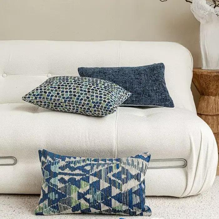 Housse de coussin lombaire de luxe vintage bleue en chenille texturée jacquard tissée