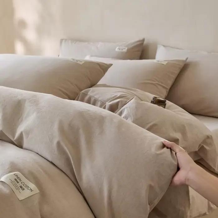 Parure de lit 4 pièces en lin et coton, ultra respirante et douce, housse de couette, drap et taies d'oreiller, pour lit simple, double, king size, pour la maison