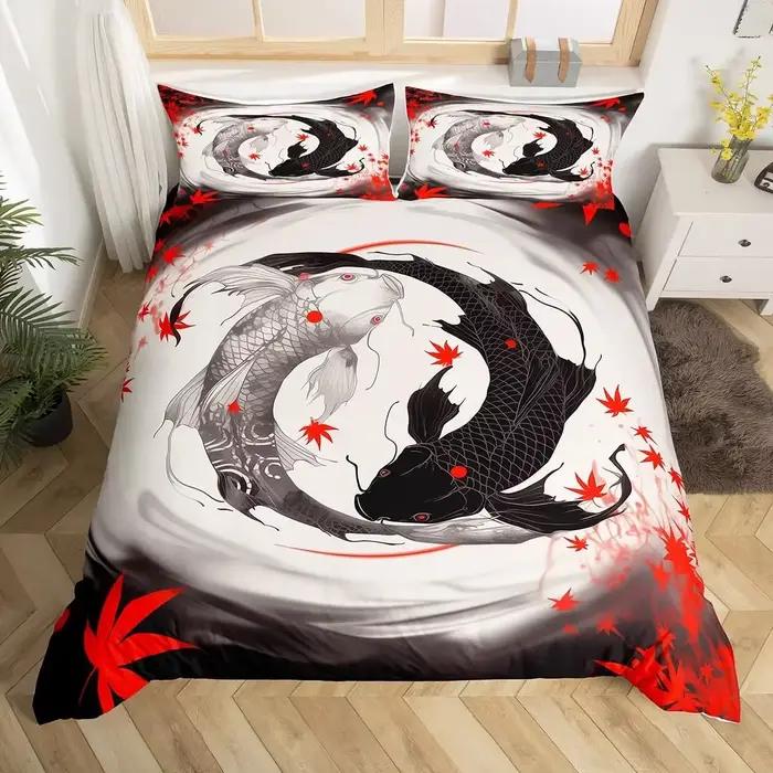 Ensemble de housse de couette poisson rouge japonais, ensemble de housse de couette fantaisie Yin Yang fleurs de cerisier, literie respirante vague de mer bleue