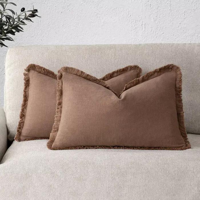Housse de coussin lombaire décorative en lin effet rouillé 30x50CM, style Boho Farmhouse, avec franges et pompons, douce et confortable