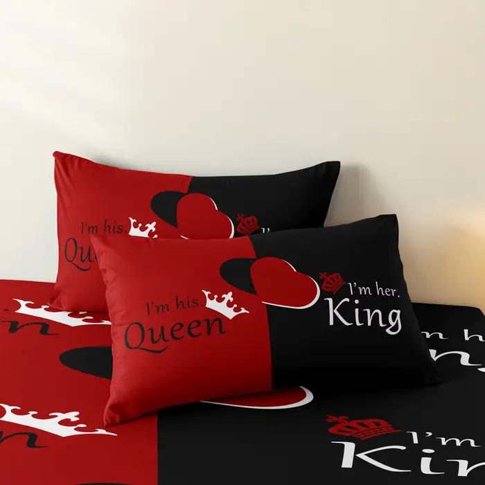 Ensemble de literie 3 pièces rouge et noir avec motif couronne et lettres anglaises
