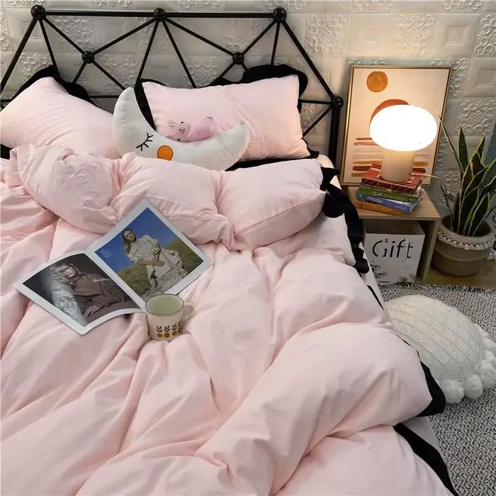 Ensemble de housse de couette rose 3 pièces (1 * housse de couette + 2 * taie d'oreiller, sans noyau), parure de lit brodée en dentelle
