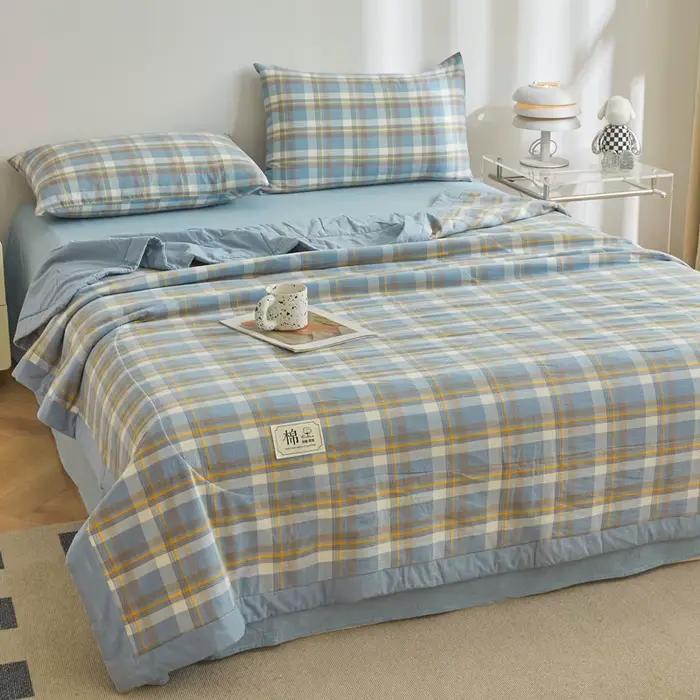 Couette d'été entièrement en coton à fibres longues, matelassée pour climatisation, lavable, à carreaux, douce, pour lit double, simple ou queen size