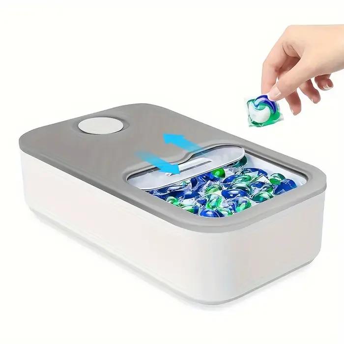Récipient à dosettes à linge avec couvercle coulissant