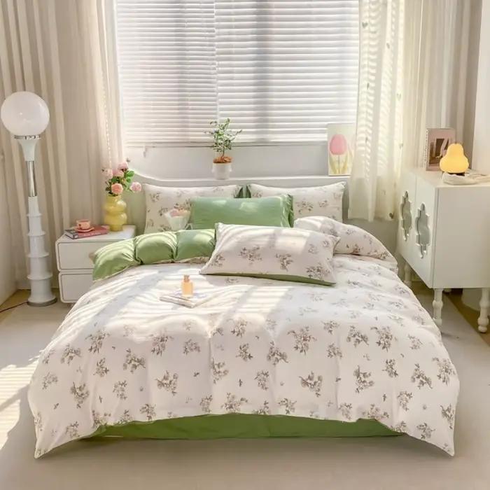 Parure de lit en coton lavé à motif floral, ensemble de literie 100% coton doux, housse de lit athlon, taie d'oreiller, simple, double, reine, roi, été, 2024