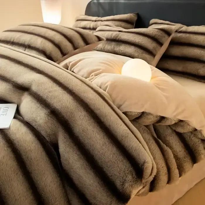 Ensemble de literie de luxe chaud pour l'hiver, optique, comprend une housse de couette, un drap, une taie d'oreiller, des sites de documents solides, un ensemble de housses en velours doux Queen athl