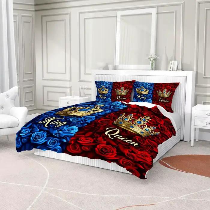 Parure de lit King Queen Crown, motif floral romantique rouge et bleu, imprimé numérique, housse de couette en microfibre douce, décoration intérieure