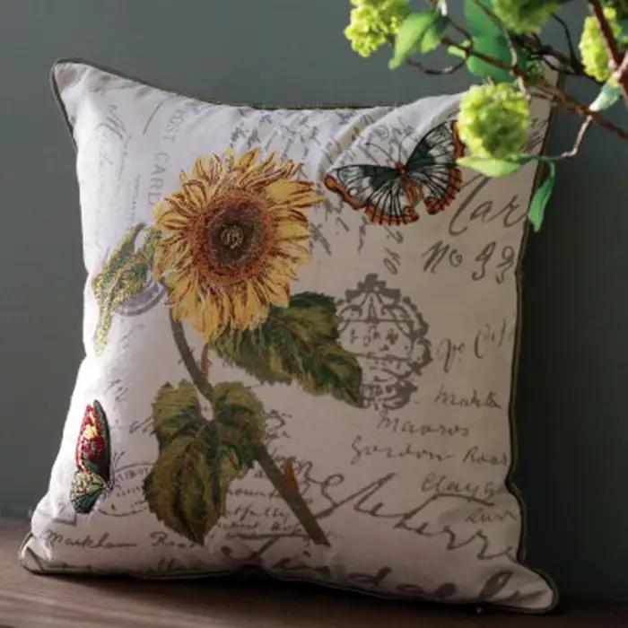 Juste de taie d'oreiller brodée de fleurs en coton et lin avec noyau