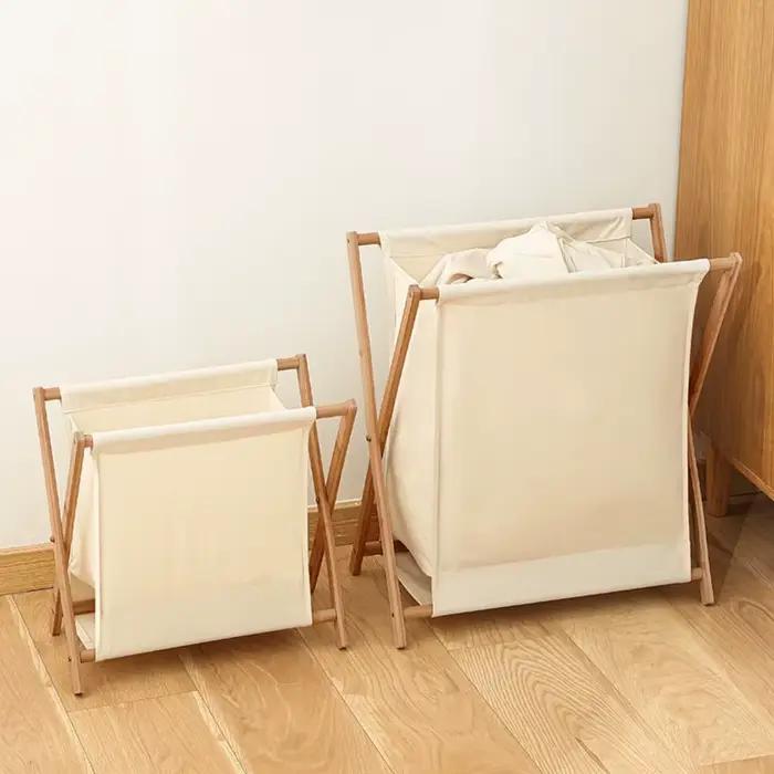 Panier à linge pliable avec cadre en bois, panier de rangement pour vêtements sales, trieur de linge pour buanderie et salle de bain