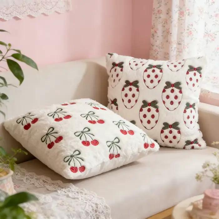 Housse de coussin en peluche brodée cerise fraise