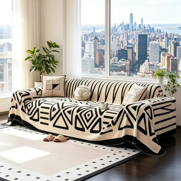 Housse de canapé en flanelle noir et blanc style bohème 180×230cm